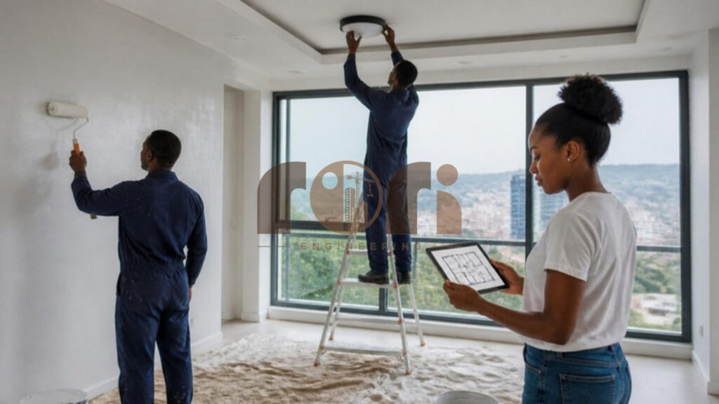 Workers painting and fitting lights during an apartment renovation in Kigali while the homeowner checks the plan