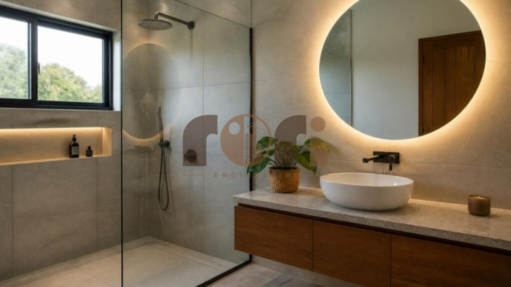 Bathroom design in Rwanda: modern bathroom with walk-in shower and wooden vanity
