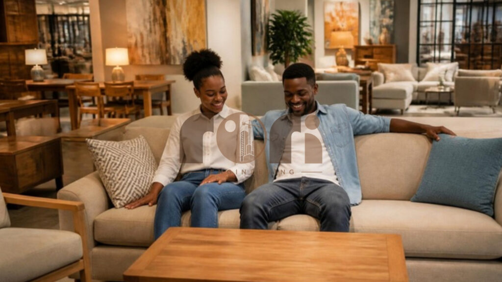 Couple testing a sofa while buying furniture in Kigali