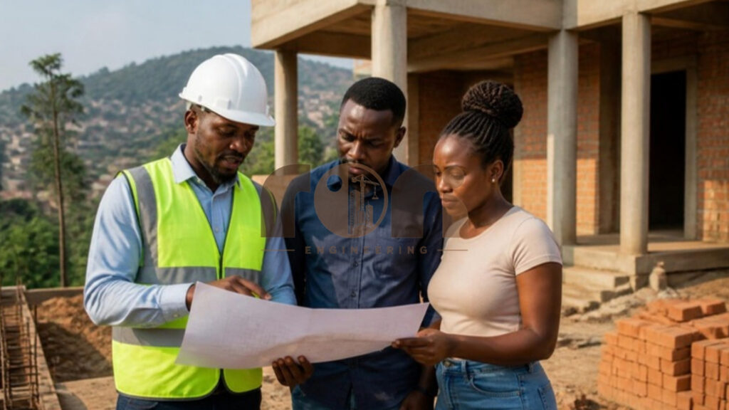 Construction engineer reviewing building plans with homeowners on a residential site, illustrating how to choose construction companies in Kigali