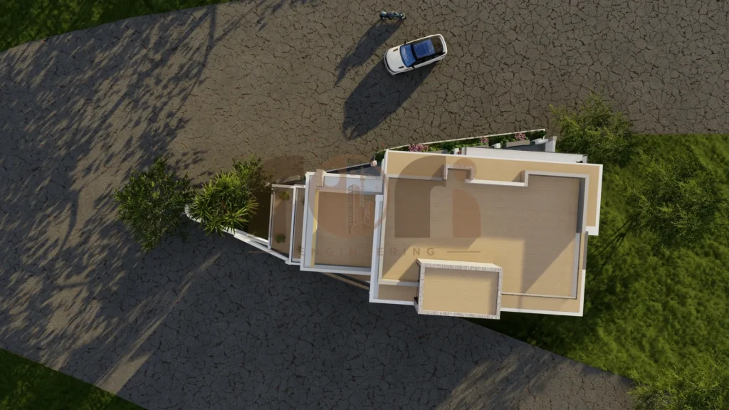 Top-down aerial view of a modern house roof and site layout in Kigali