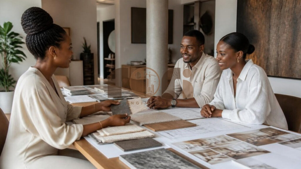 Interior designer presenting material samples to clients, illustrating how to choose among interior design companies in Rwanda