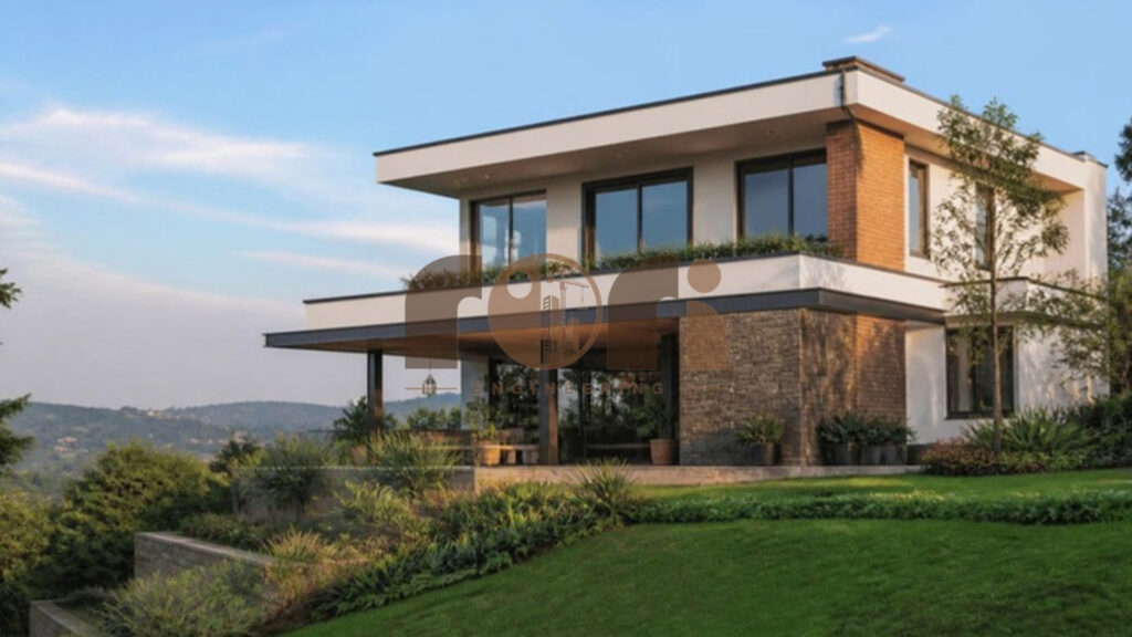 Modern house design in Rwanda: two-storey hillside home with terraces and brick accents