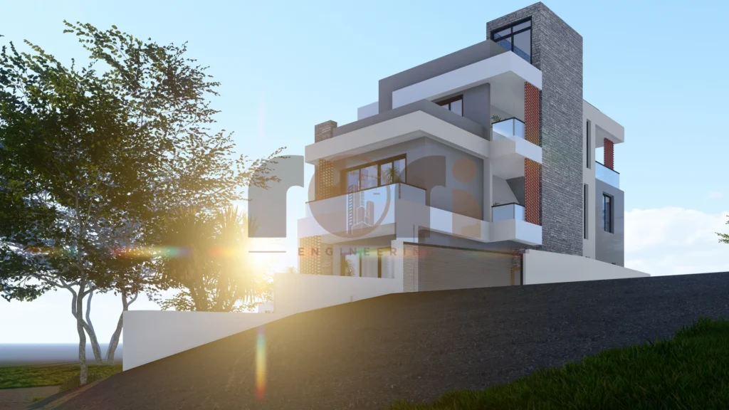3D render of a finished modern house, the result to expect when comparing construction companies in Kigali