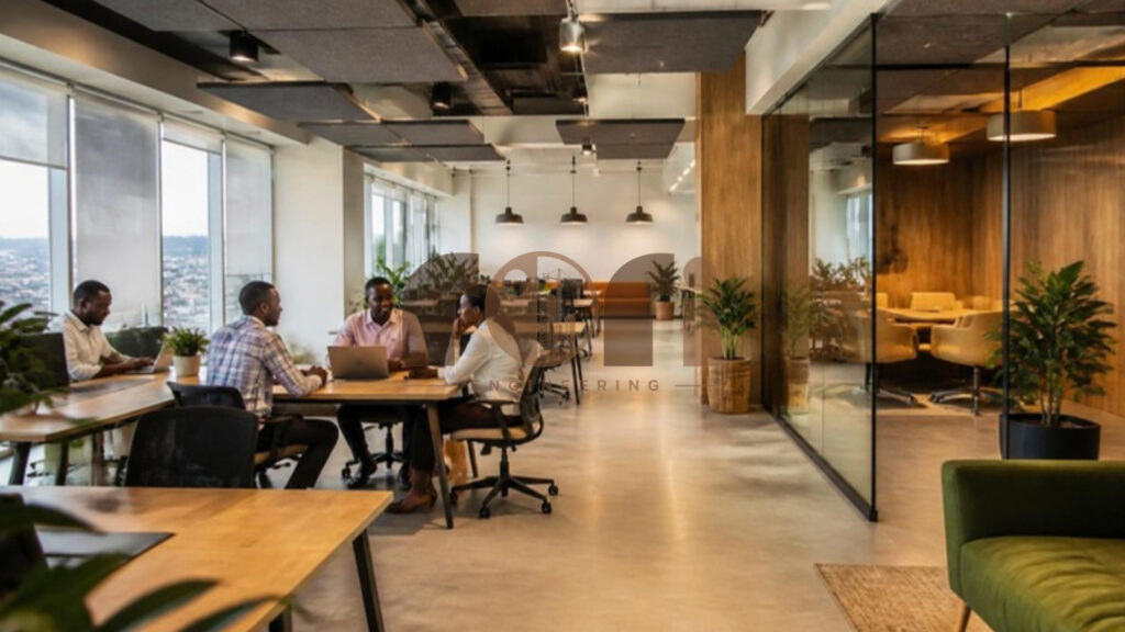 Office interior design in Kigali: open-plan workspace with team at work