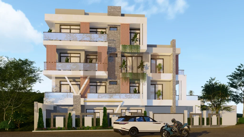 Residential building facade design in Rwanda with brick, stone and glass balconies