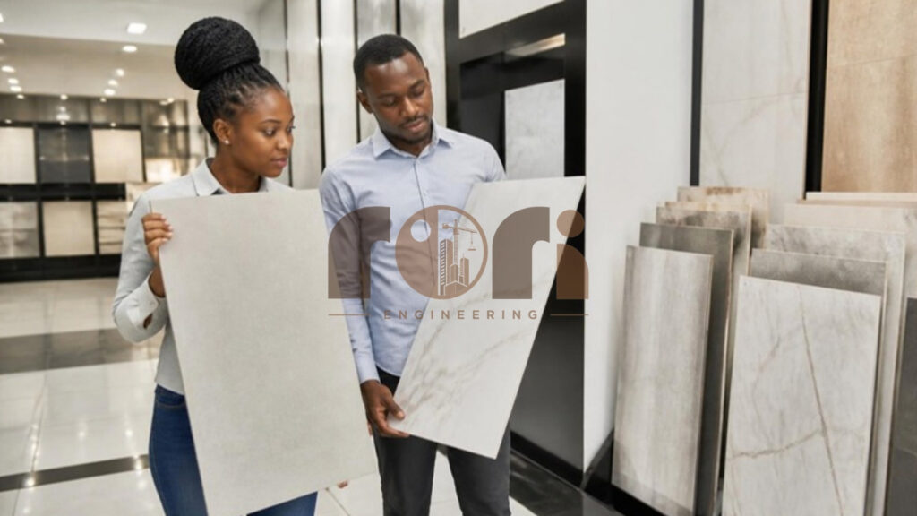 Couple comparing large porcelain floor tiles in a showroom while choosing tiles in Rwanda
